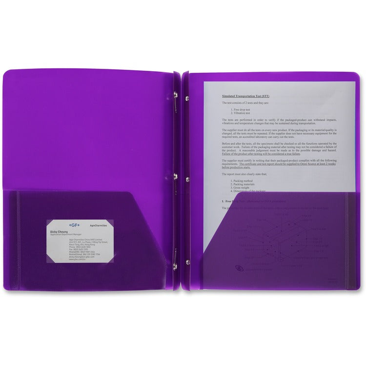 Business Source Poly Portfolio, 3 Prong, 2 Pockets, Letter, .3mil, Purple (BSN20885) Each