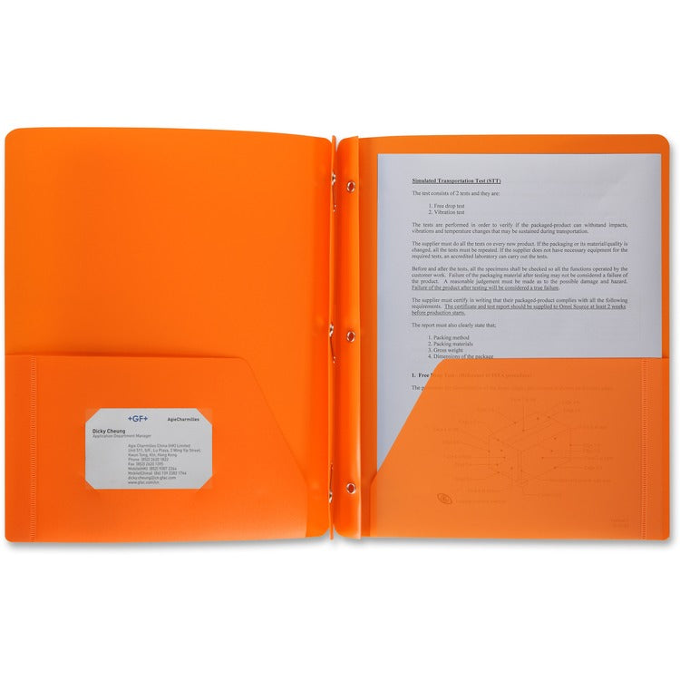Business Source Poly Portfolio, 3 Prong, 2 Pockets, Letter, .3mil, Orange (BSN20889) Each