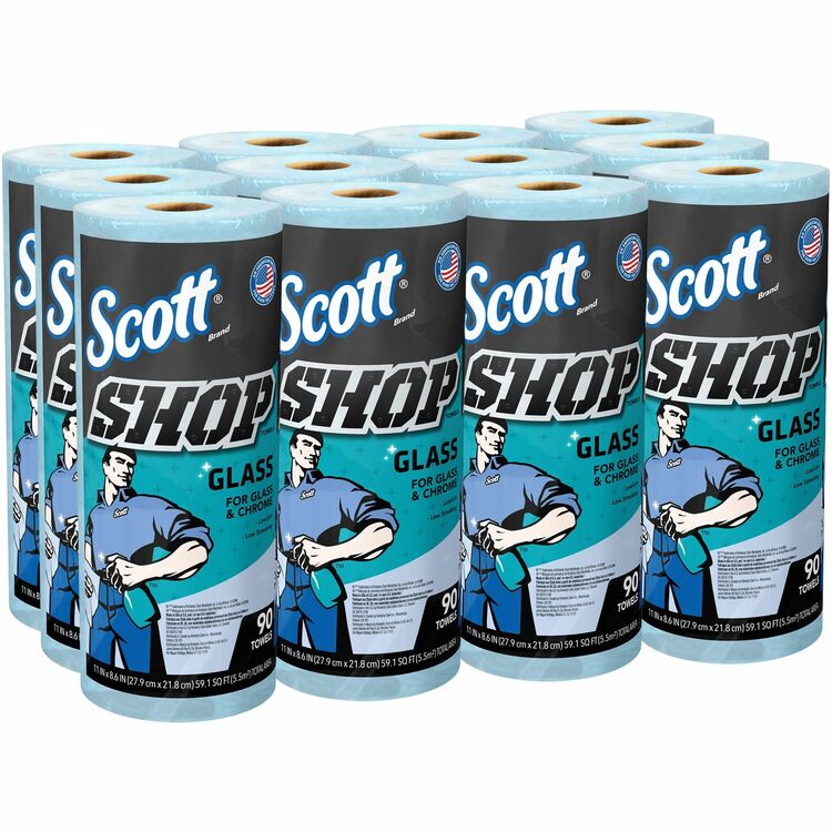 Scott Shop Towels, Glass, 1-Ply, 8.6" x 11", Blue, 90 Sheets/Roll, 12 Rolls/Carton (KCC32896) 12 Rolls