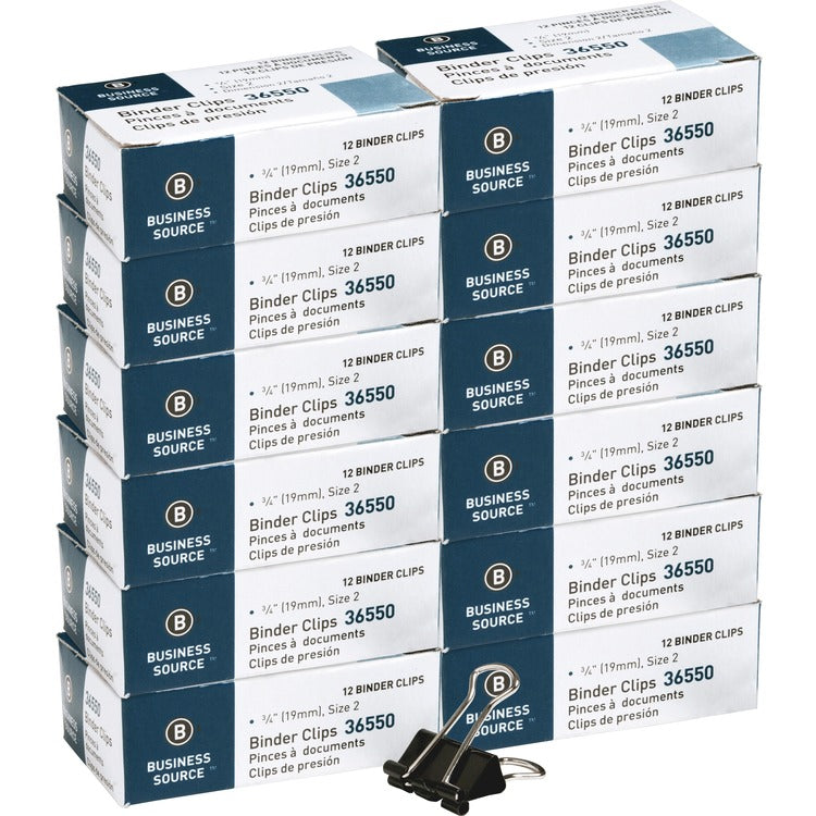 Business Source Binder Clip, Small, 3/4"W, Steel, 3/8" Capacity, 12/BX, Black (BSN36550BX) Box of 12
