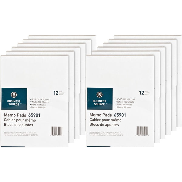 Business Source Memo Pads, Unruled, 15lb., 4"x6", 100 Sheets, 12/CT, White (BSN65901CT) Case of 12