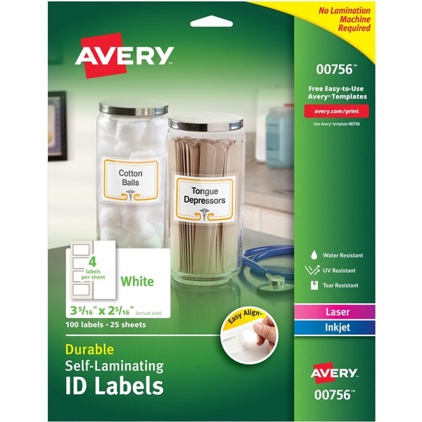 Avery&reg; Durable Self-Laminating ID Labels, Laser/Inkjet, 2 x 3, White, 100/Pack (AVE00756)