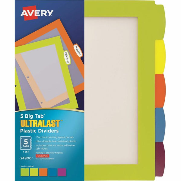 Avery&reg; Big Tab Ultralast Plastic Dividers, Multicolor, 5-Tab, 8 1/2 x 11 (AVE24900)