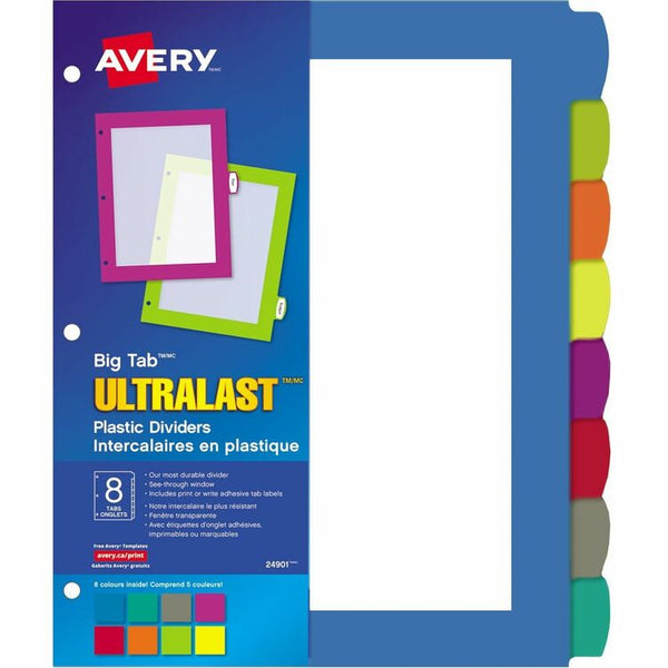 Avery&reg; Big Tab Ultralast Plastic Dividers, Multicolor, 8-Tab, 8 1/2 x 11 (AVE24901)