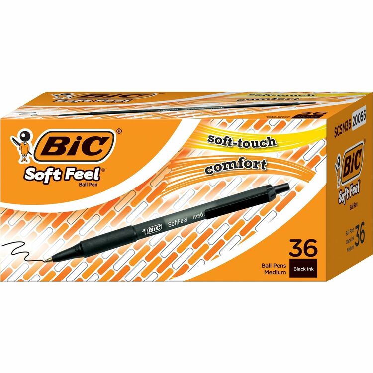 BIC Soft Feel Retractable Ballpoint Pen, Medium 1mm, Black Ink/Barrel, 36/Pack (BICSCSM361BK)