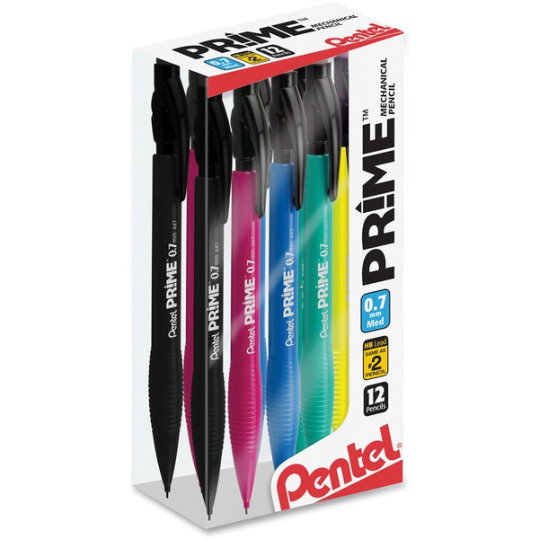 Pentel PRIME Mechanical Pencil, 0.7 mm, HB (#2.5), Black Lead, Assorted Barrel Colors, Dozen (PENAX7PC12M)