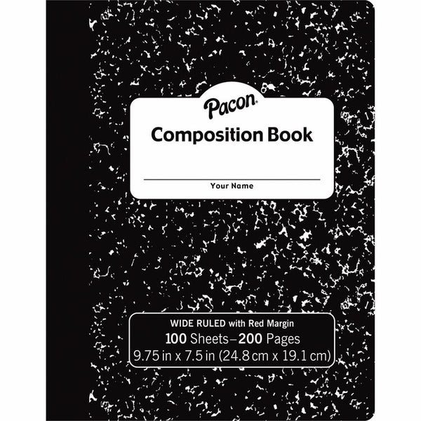 Pacon Compostion Book, 9-3/4" x 7-1/2", 3/8" Rld, 100 Sheets, BK/Marble (PACMMK37101)