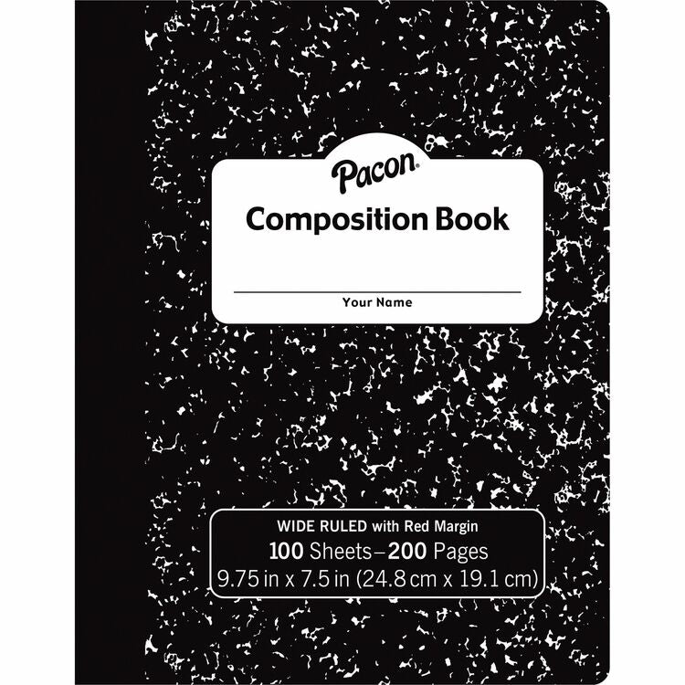 Pacon Compostion Book, 9-3/4" x 7-1/2", 3/8" Rld, 100 Sheets, BK/Marble (PACMMK37101) Each