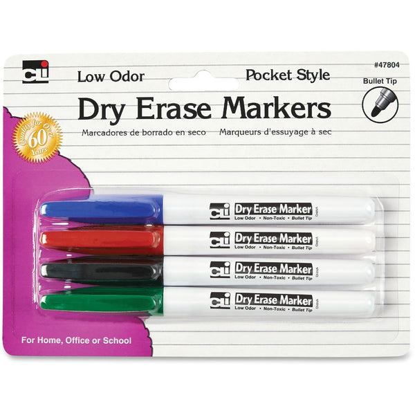 CLI Dry-Erase Markers, Pocket Style, 4/PK, Ast (LEO47804)