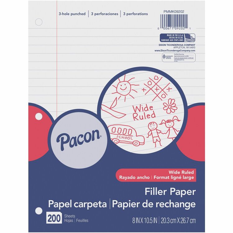 Pacon Filler Paper, 8" x 10-1/2", 3/8" Rld, 200 Sheets, White (PACMMK09202) Pack of 200