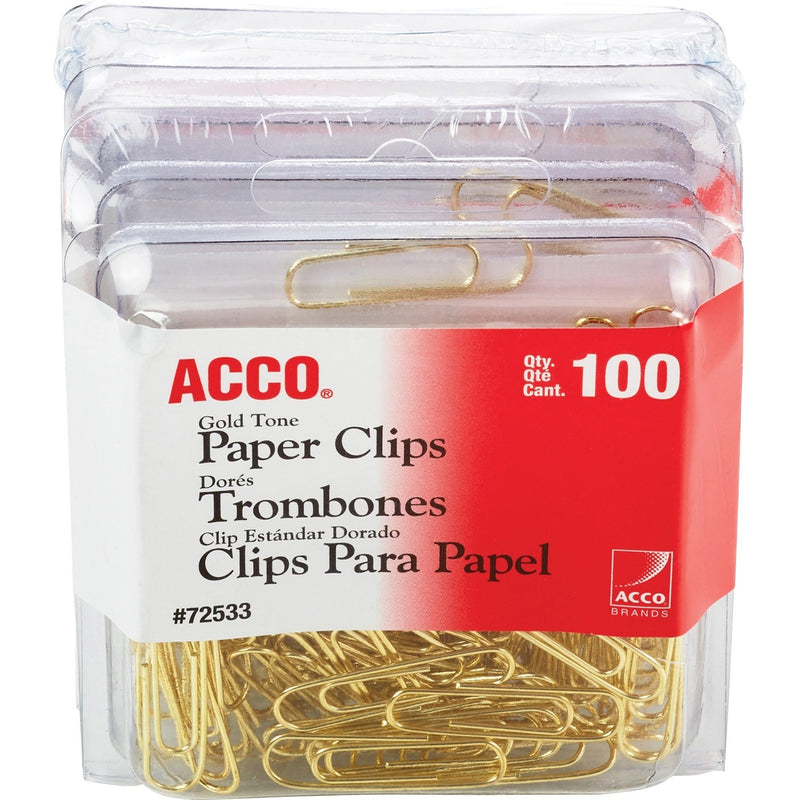 ACCO Regular Paper Clips, No. 2, 100 Clips, 4BX/PK, Gold (ACC72554)