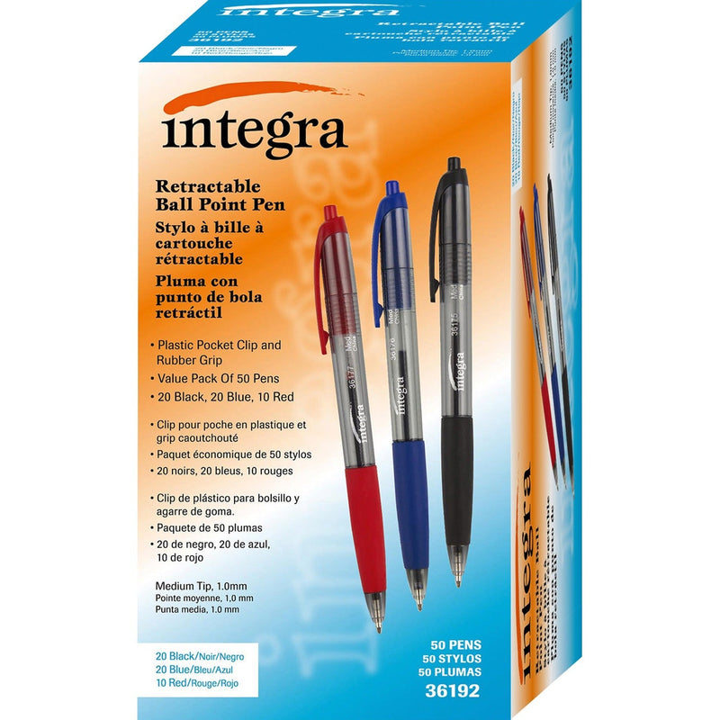 Integra Retractable Ballpoint Pen, 1.0mm, 50/BX, Ast (ITA36192) Box of 50