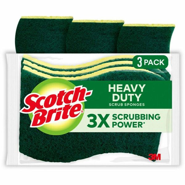 Scotch-Brite Scrub Sponge, Heavy Duty, 4-1/2" x 2-3/4", 3/PK, 8PK/CT, YW/GN (MMMHD3CT) Case of 24