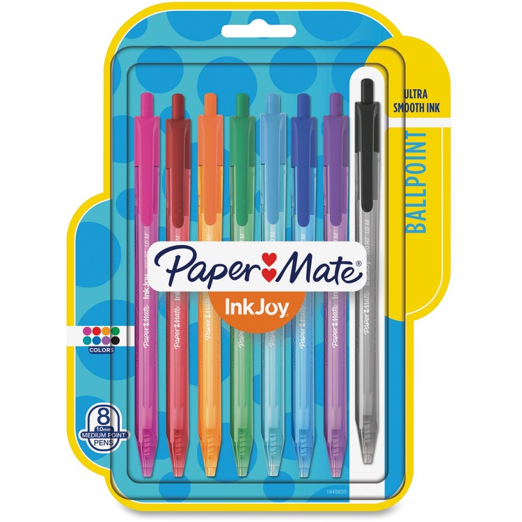 Paper Mate Ballpoint Pens, Retractable, Med Pt, 100RT, 8/PK, Ast (PAP1945935)