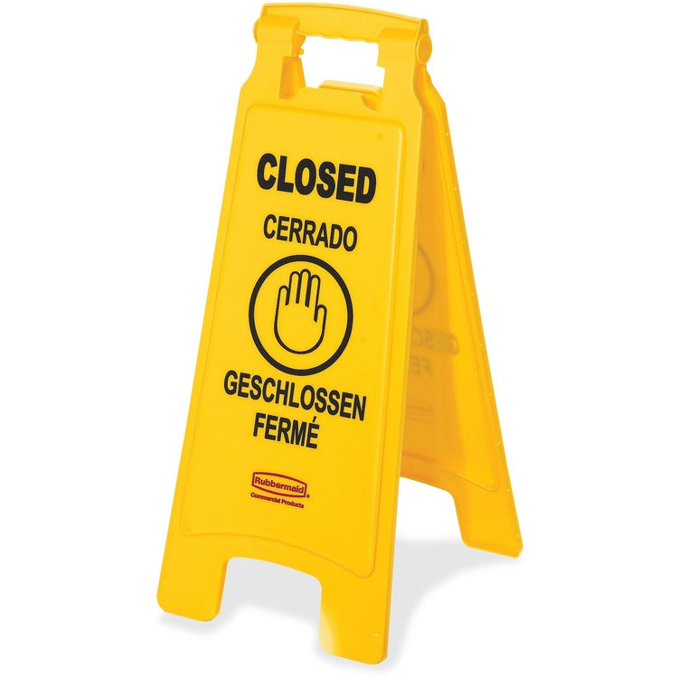 Rubbermaid Commercial Floor Sign, Closed, Multi-Lingual, 2-sided, 6/CT, Yellow (RCP611278YWCT) Case of 6