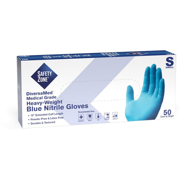Safety Zone 12" Powder Free Blue Nitrile Gloves - Small Size - Blue (SZNGNEPSM5T8) Box of 50