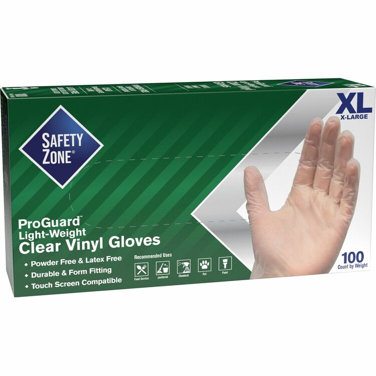 Safety Zone Vinyl Gloves, Powder-free, 9-1/4"L, X-Large, 100/BX, Clear (SZNGVP9XLHH) Box of 100
