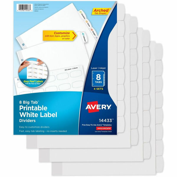 Avery Easy Peel White Label Tab Dividers, 8-Tab, 6/PK, White (AVE14433)