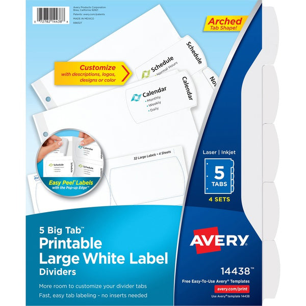 Avery&reg; Easy Peel Large Tab Dividers, 5-Tab, 6/PK, White (AVE14438)