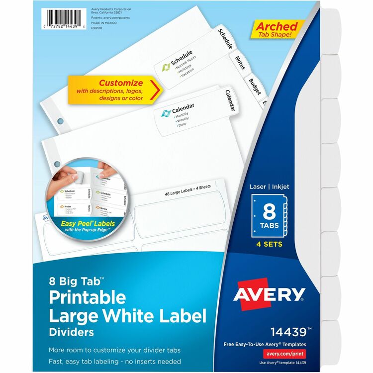 Avery&reg; Easy Peel Large Tab Dividers, 8-Tab, 6/PK, White (AVE14439)