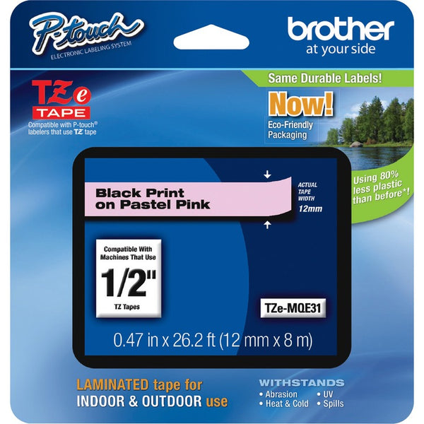 Brother TZ Standard Adhesive Laminated Labeling Tape, 0.47" x 26.2 ft, Pastel Pink (BRTTZEMQE31)