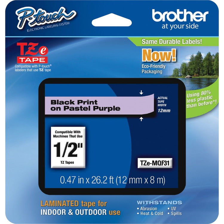 Brother TZ Standard Adhesive Laminated Labeling Tape, 0.47" x 26.2 ft, Pastel Purple (BRTTZEMQF31)