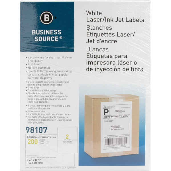 Business Source Premium Mailing Labels, 5-1/2" x 8-1/2", 500/BX, White (BSN98107) Box of 500