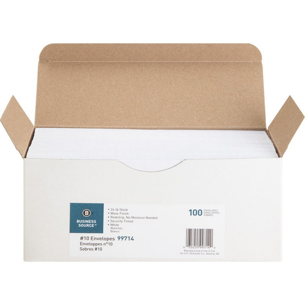 Business Source Peel-To-Seal Envelopes, No. 10, 100/BX, White (BSN99714) Box of 100