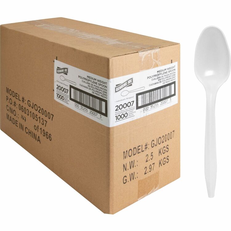 Genuine Joe Plastic Spoons, Ind-Wrapped, Med-Weight, 1000/CT, White (GJO20007)