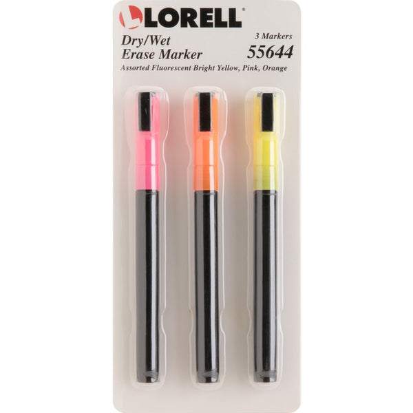 Lorell Dry/Wet Erase Fluorescent Marker, 3/PK, Assorted (LLR55644)