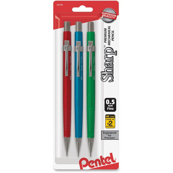 Pentel Sharp Mechanical Pencil, 0.5 mm, HB (#2.5), Black Lead, Assorted Barrel Colors, 3/Pack (PENP205MBP3M1) Pack of 3