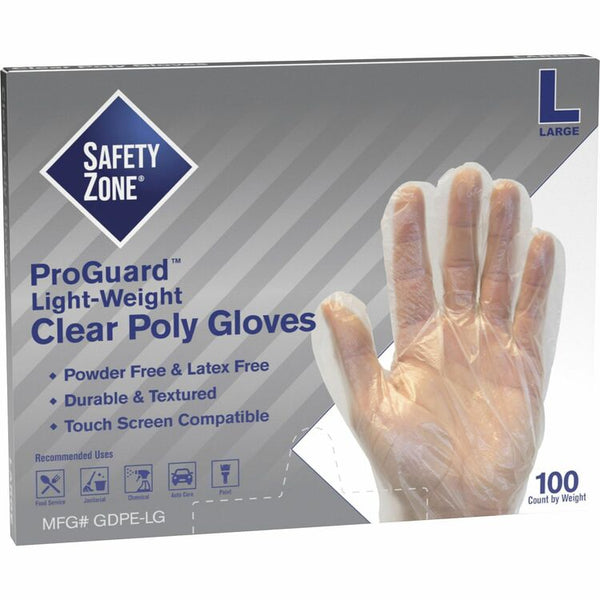Safety Zone Clear Powder Free Polyethylene Gloves - Large Size - 100 / Box - 11.75" Glove Length (SZNGDPELG) Box of 10