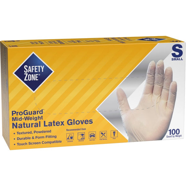Safety Zone Powdered Natural Latex Gloves - Polymer Coating - Small Size - Natural - Allergen-free, Silicone-free, Powdered - 9.65" Glove Length (SZNGRDRSM1T) Box of 100