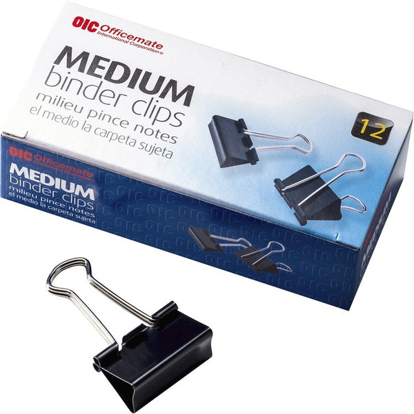 Officemate Binder Clips, Medium, 1-1/4"Wide, 5/8" Cap, 12BX/PK, Black/Silver (OIC99050PK)