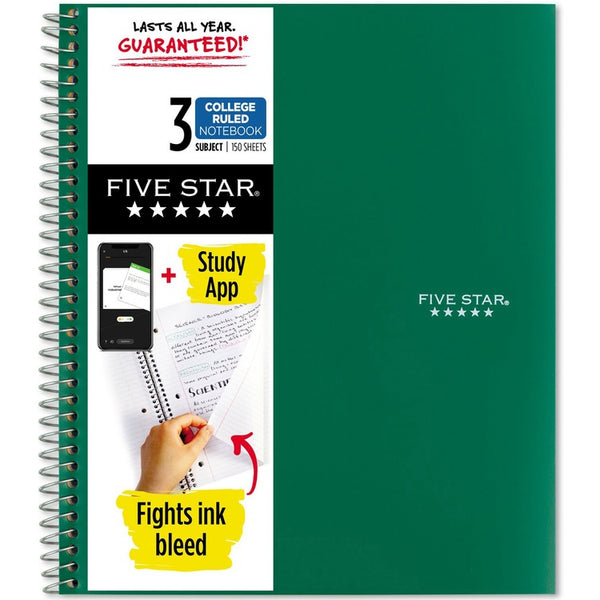 Five Star 3-Subject Notebook, 8-1/2" x 11-1/2", Green (MEA72067) Each