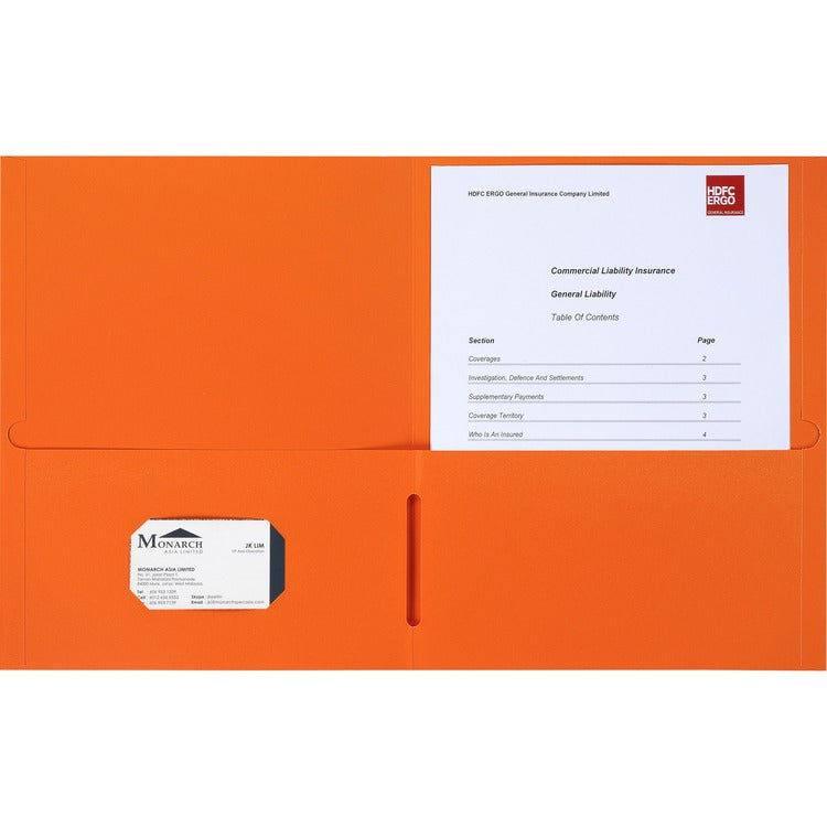 Business Source Double Pocket Portfolio, 8-1/2" x 11-1/2", 125Shts, 25/BX, Orange (BSN78554) Box of 25