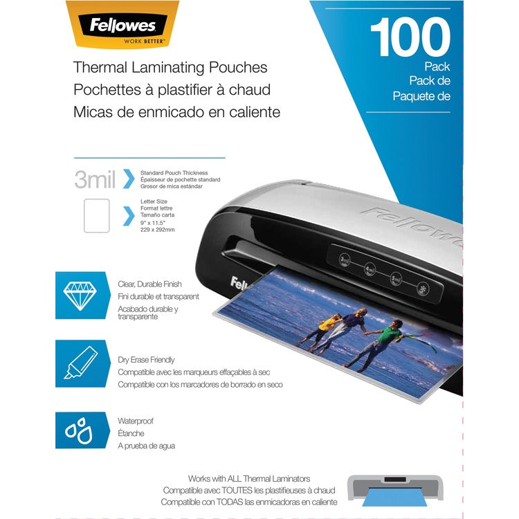 Fellowes Laminating Pouches, 3 mil, 9" x 11.5", Gloss Clear, 100/Pack (FEL5743301)