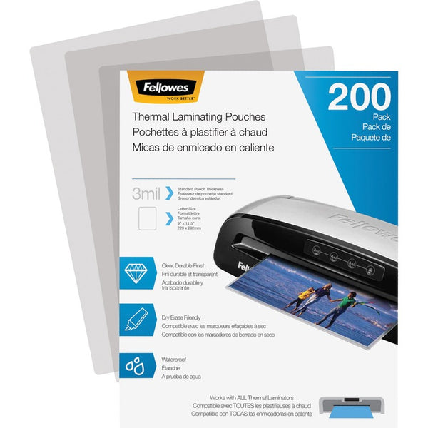 Fellowes Laminating Pouches, 3 mil, 9" x 11.5", Gloss Clear, 200/Pack (FEL5743401)