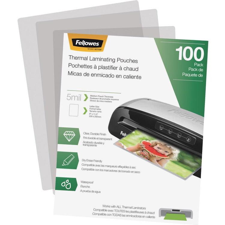 Fellowes Laminating Pouches, 5 mil, 9" x 11.5", Gloss Clear, 100/Pack (FEL5743501)