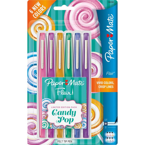 Paper Mate Felt Tip Pen, Med Pt, 6/PK, Candy Pop, Assorted (PAP1982365)