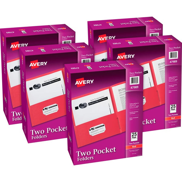 Avery&reg; 2-Pocket Folder, Letter-size, 20Sh/Pocket, 125/CT, Red (AVE47989CT)