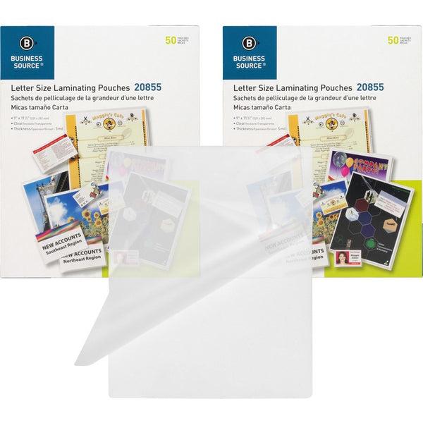 Business Source Laminating Pouches, Letter, 5Mil, 9"x11-1/2", 100/BD, Clear (BSN20855BD) Pack of 100