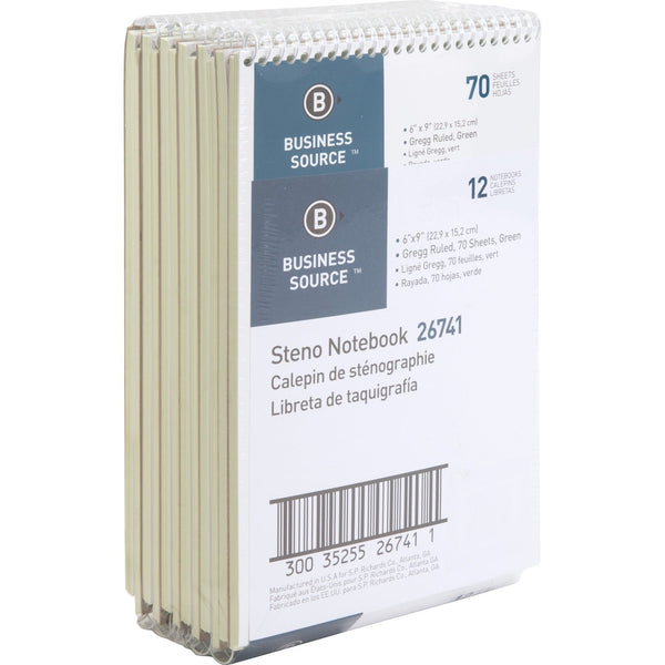 Business Source Steno Notebook, Gregg Ruled, 6"x9", 70 Sheets, 12/PK, Green Paper (BSN26741PK) Pack of 12