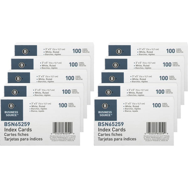 Business Source Index Cards, Ruled, 72 lb., 3"x5", 1000/BX, White (BSN65259BX) Box of 1000