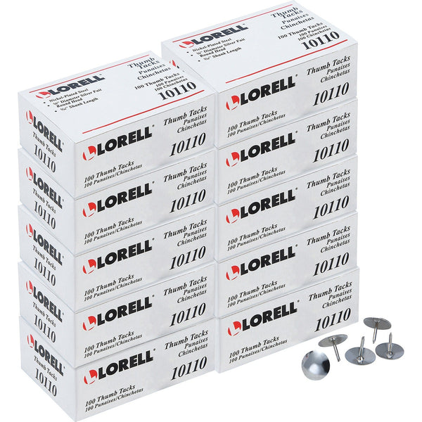 Lorell Thumb Tacks, 3/8"Dia Shank, 5/16"L, 1000/BX, Silver (LLR10110BX)