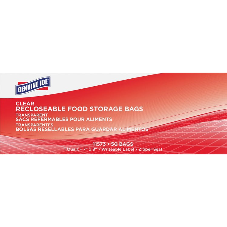 Genuine Joe Reclosable Food Storage Bags, 1-Quart, 1.75mil, 50/BX, Clear (GJO11573)