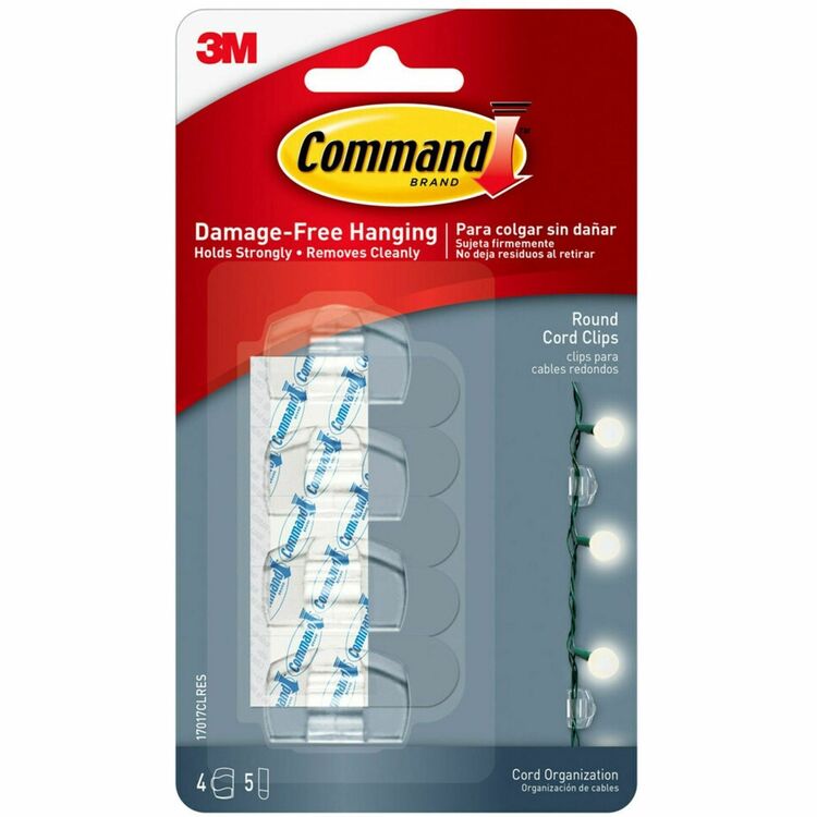 Command Cord Clip, Round, with Adhesive, 0.75"w, Clear, 4/Pack (MMM17017CLRES)