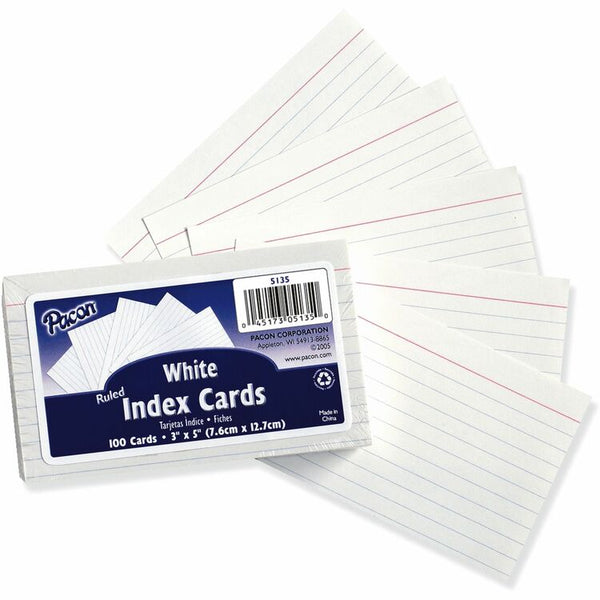 Pacon Index Cards, Ruled, 3" x 5", 100/PK, White (PAC5135) Pack of 100