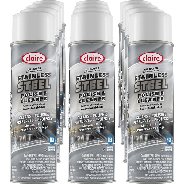 Claire Stainless Steel Polish and Cleaner - Liquid - 15 fl oz (0.5 quart) - Lemon ScentCan - 12 / Pack - Clear (CGCCL841)