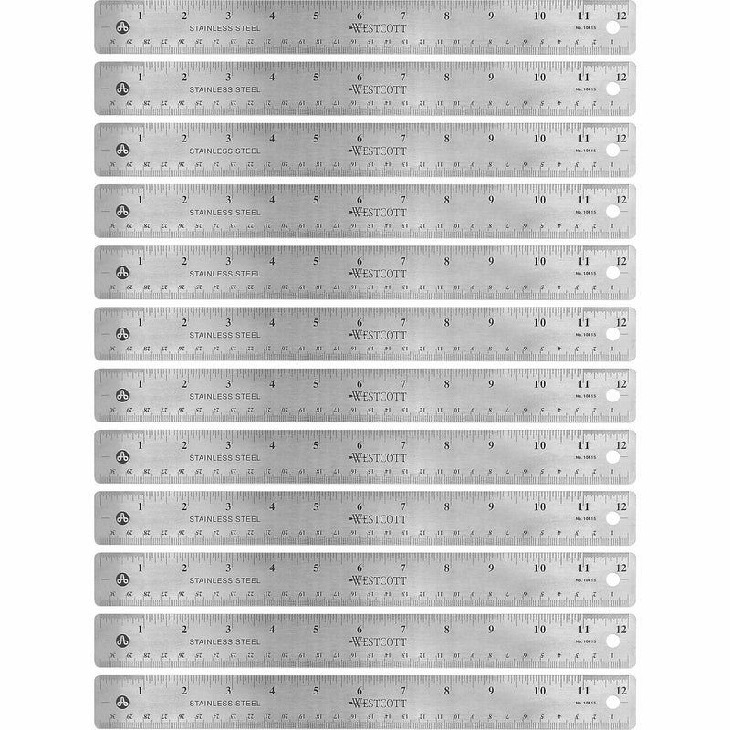 Westcott Rulers, 12"L, Stainless Steel, Nonslip Cork Back, 12/BX, Silver (ACM10415BX) Box of 12